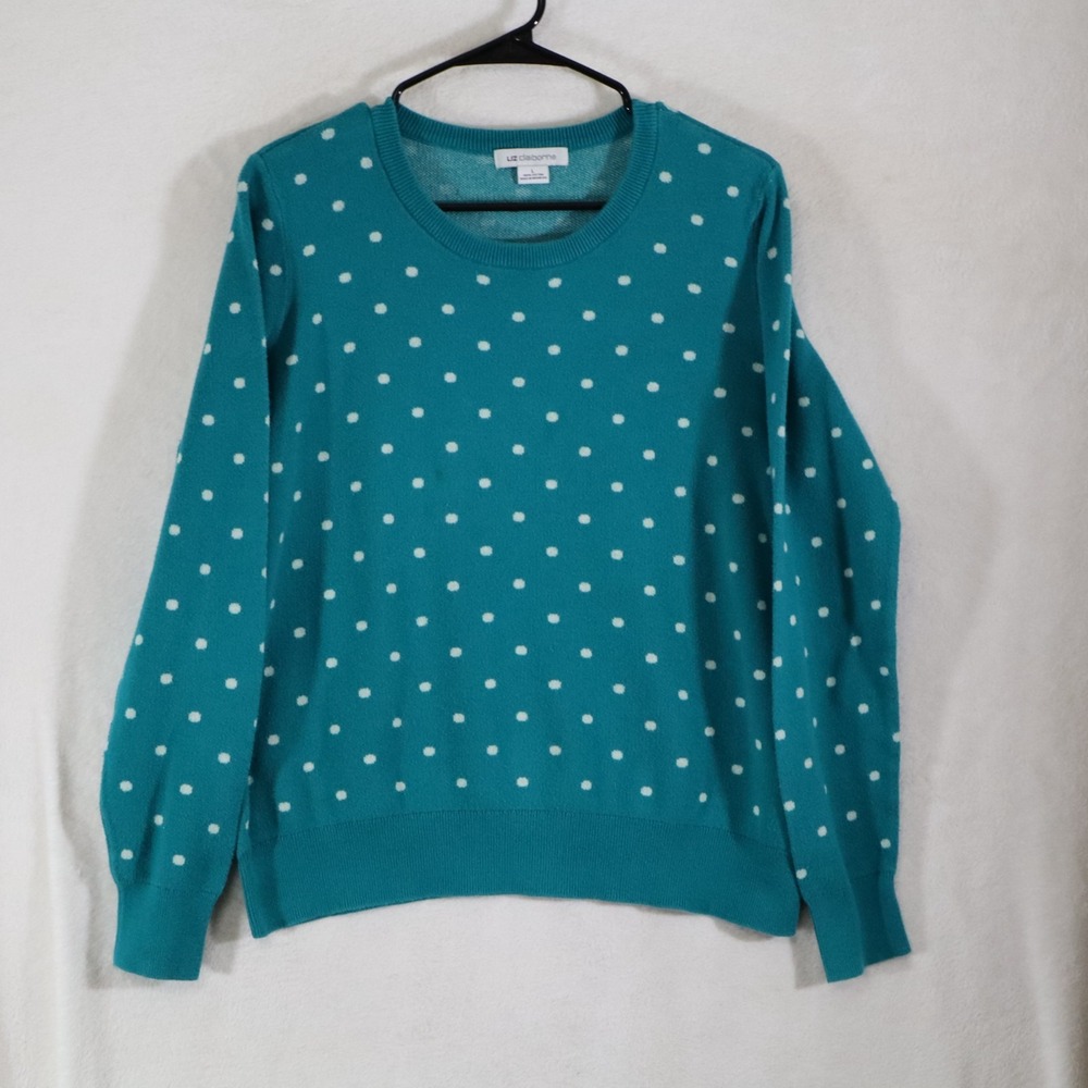 Liz Claiborne Womens L Teal Polka Dot Sweater 100% Cotton Crew Neck Pullover